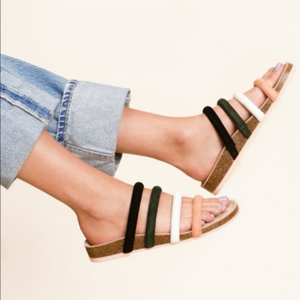 Charlotte Stone Gloria Four-Strap Slide Sandals in Black, Olive, White, Blush
